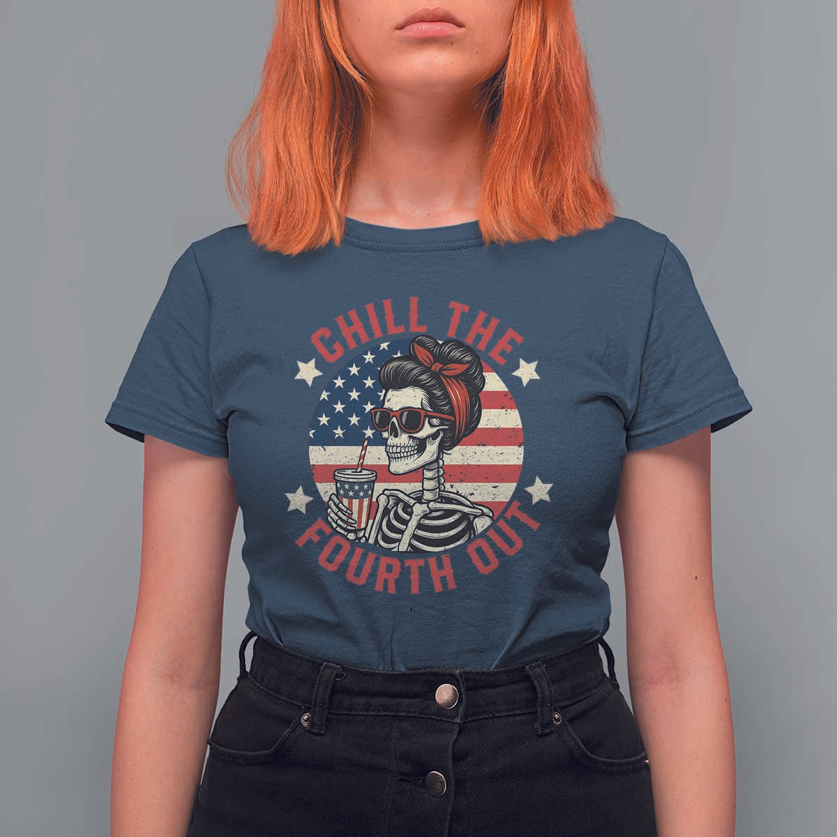 Retro Skeleton 4th of July T Shirt For Women Chill The Fourth Out Funny Patriotic American Flag