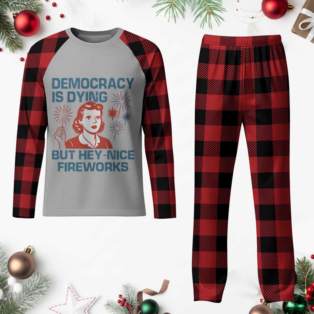Retro Lady Democracy Is Dying But Hey Nice Fireworks Plaid Pajama Set Funny 4th of July Political Satire - Wonder Print Shop