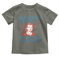 Retro Lady Democracy Is Dying But Hey Nice Fireworks Toddler T Shirt Funny 4th of July Political Satire