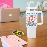 Retro Lady Democracy Is Dying But Hey Nice Fireworks Tumbler With Handle Funny 4th of July Political Satire