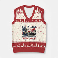 Get In Loser We're Crossing The Delaware Uncle Sam Style V-Neck Knit Sweater Vest Funny George Washington Pointing Vintage American Flag Patriotic