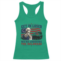 Get In Loser We're Crossing The Delaware Uncle Sam Style Racerback Tank Top Funny George Washington Pointing Vintage American Flag Patriotic