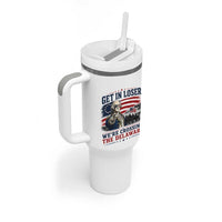 Get In Loser We're Crossing The Delaware Uncle Sam Style Tumbler With Handle Funny George Washington Pointing Vintage American Flag Patriotic