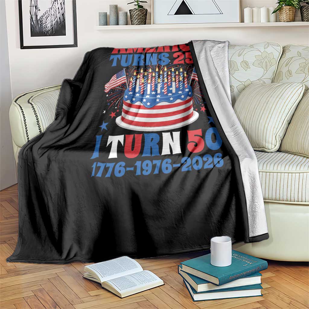 America Turns 250 I Turn 50 Funny 1976 Birthday Throw Blanket American Flag Cake 1776 to 2026 Semiquincentennial