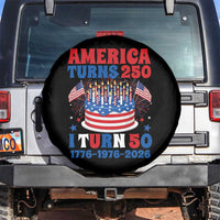 America Turns 250 I Turn 50 Funny 1976 Birthday Spare Tire Cover American Flag Cake 1776 to 2026 Semiquincentennial