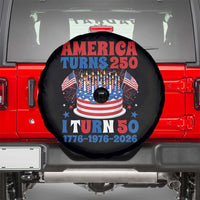 America Turns 250 I Turn 50 Funny 1976 Birthday Spare Tire Cover American Flag Cake 1776 to 2026 Semiquincentennial