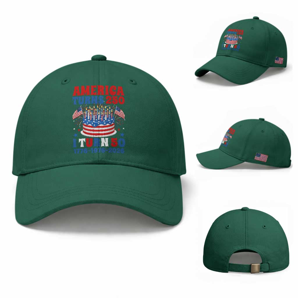 America Turns 250 I Turn 50 Funny 1976 Birthday Baseball Cap American Flag Cake 1776 to 2026 Semiquincentennial