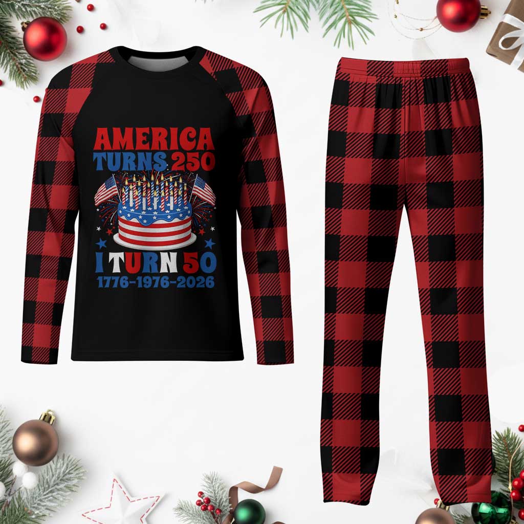 America Turns 250 I Turn 50 Funny 1976 Birthday Plaid Pajama Set American Flag Cake 1776 to 2026 Semiquincentennial