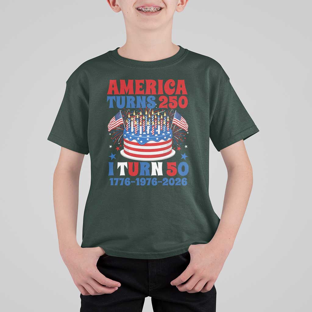 America Turns 250 I Turn 50 Funny 1976 Birthday T Shirt For Kid American Flag Cake 1776 to 2026 Semiquincentennial