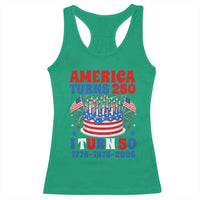 America Turns 250 I Turn 50 Funny 1976 Birthday Racerback Tank Top American Flag Cake 1776 to 2026 Semiquincentennial