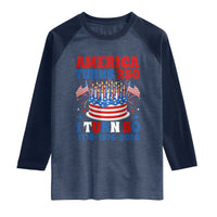 America Turns 250 I Turn 50 Funny 1976 Birthday Raglan Shirt American Flag Cake 1776 to 2026 Semiquincentennial