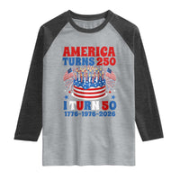 America Turns 250 I Turn 50 Funny 1976 Birthday Raglan Shirt American Flag Cake 1776 to 2026 Semiquincentennial