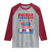 America Turns 250 I Turn 50 Funny 1976 Birthday Raglan Shirt American Flag Cake 1776 to 2026 Semiquincentennial