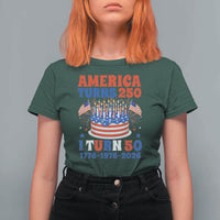 America Turns 250 I Turn 50 Funny 1976 Birthday T Shirt For Women American Flag Cake 1776 to 2026 Semiquincentennial