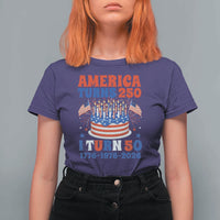 America Turns 250 I Turn 50 Funny 1976 Birthday T Shirt For Women American Flag Cake 1776 to 2026 Semiquincentennial
