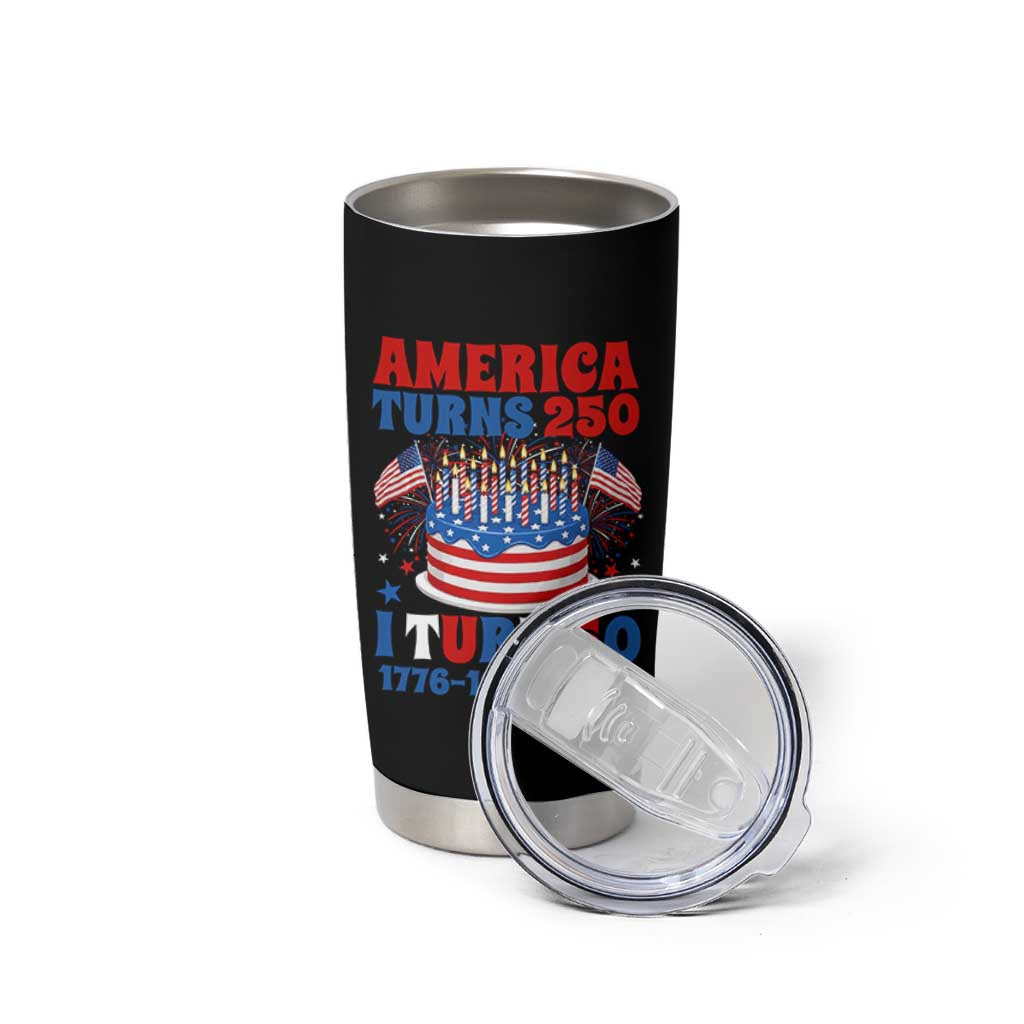 America Turns 250 I Turn 50 Funny 1976 Birthday Tumbler Cup American Flag Cake 1776 to 2026 Semiquincentennial