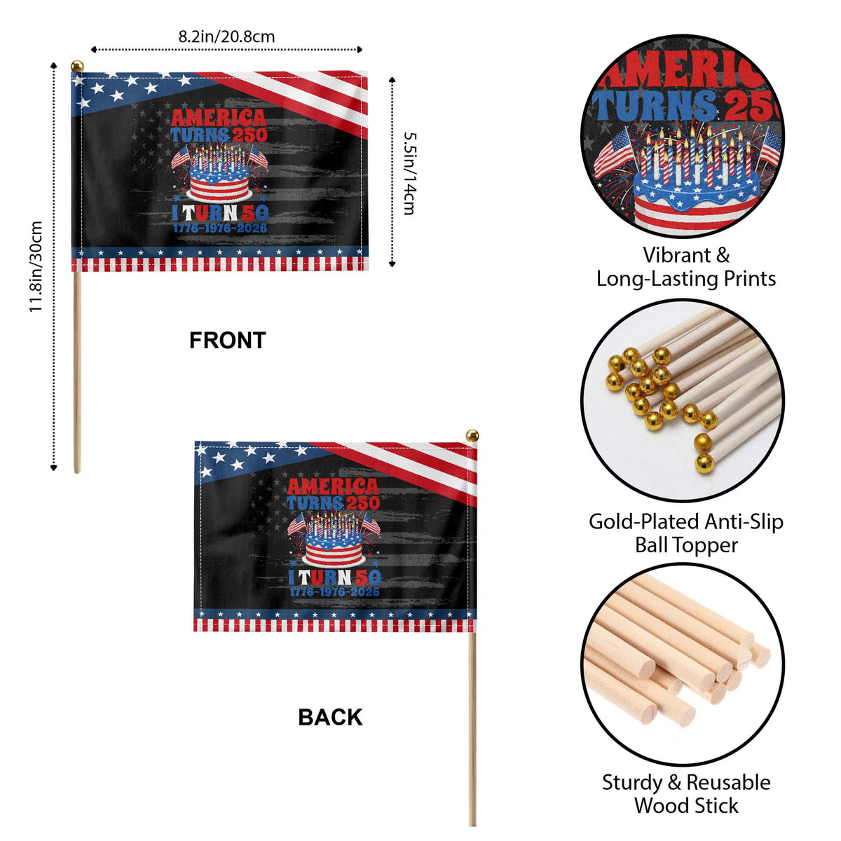 America Turns 250 I Turn 50 Funny 1976 Birthday Patriotic Handheld Flag American Flag Cake 1776 to 2026 Semiquincentennial