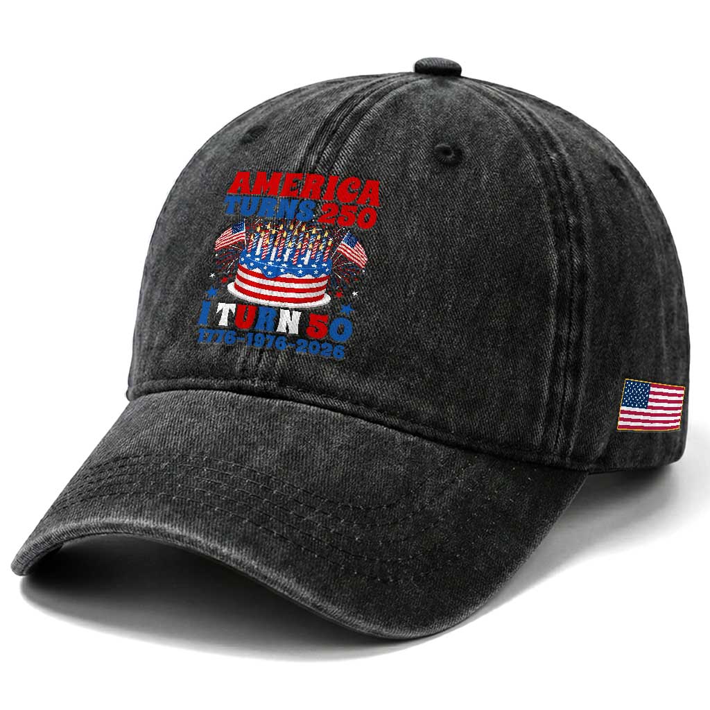 America Turns 250 I Turn 50 Funny 1976 Birthday Washed Cotton Baseball Cap American Flag Cake 1776 to 2026 Semiquincentennial