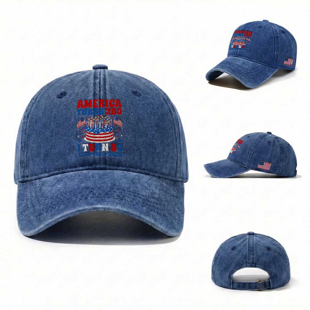 America Turns 250 I Turn 50 Funny 1976 Birthday Washed Cotton Baseball Cap American Flag Cake 1776 to 2026 Semiquincentennial