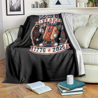 250 Years 1776 to 2026 Cartoon Hot Dog Throw Blanket Funny Uncle Sam Top Hat Waving American Flag Semiquincentennial
