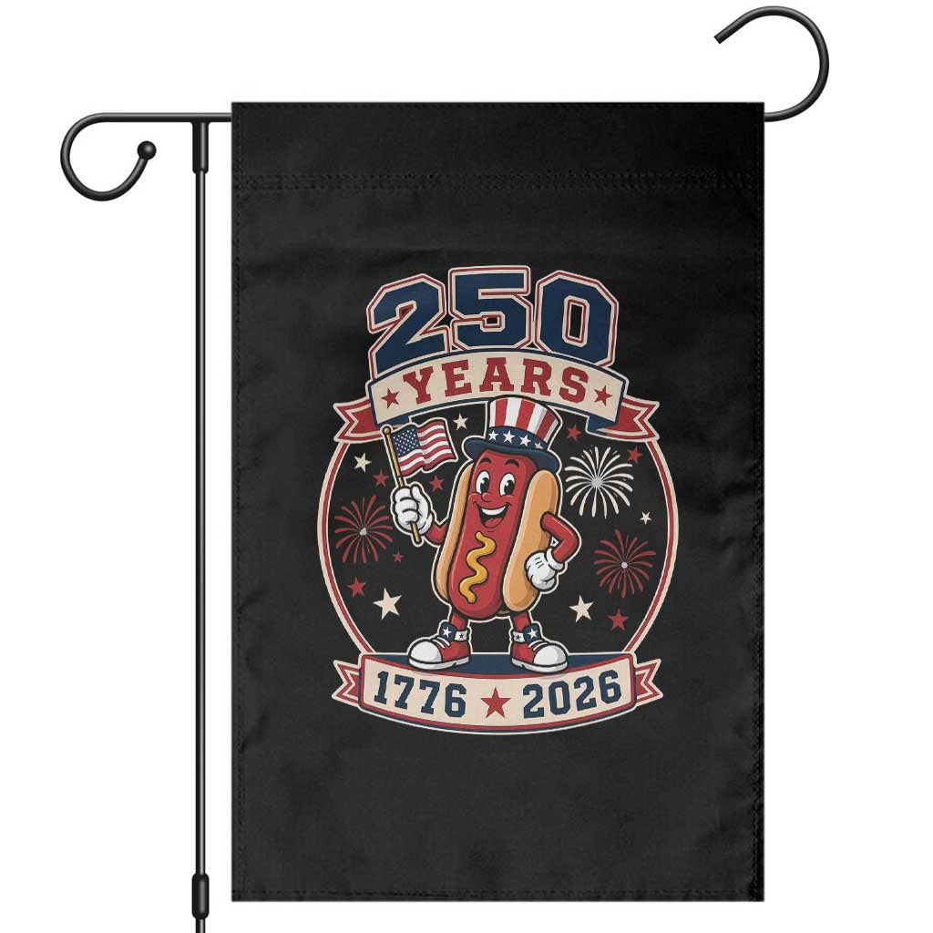 250 Years 1776 to 2026 Cartoon Hot Dog Garden Flag Funny Uncle Sam Top Hat Waving American Flag Semiquincentennial