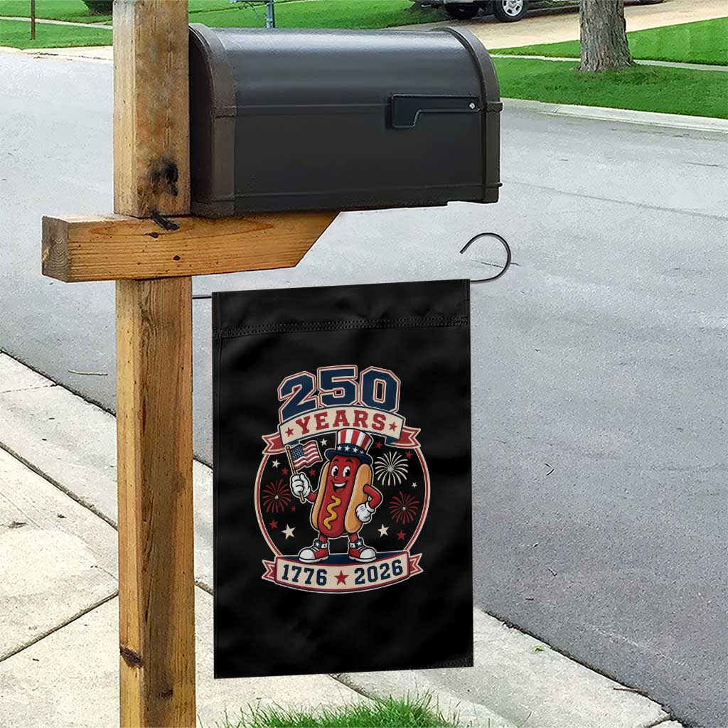 250 Years 1776 to 2026 Cartoon Hot Dog Garden Flag Funny Uncle Sam Top Hat Waving American Flag Semiquincentennial