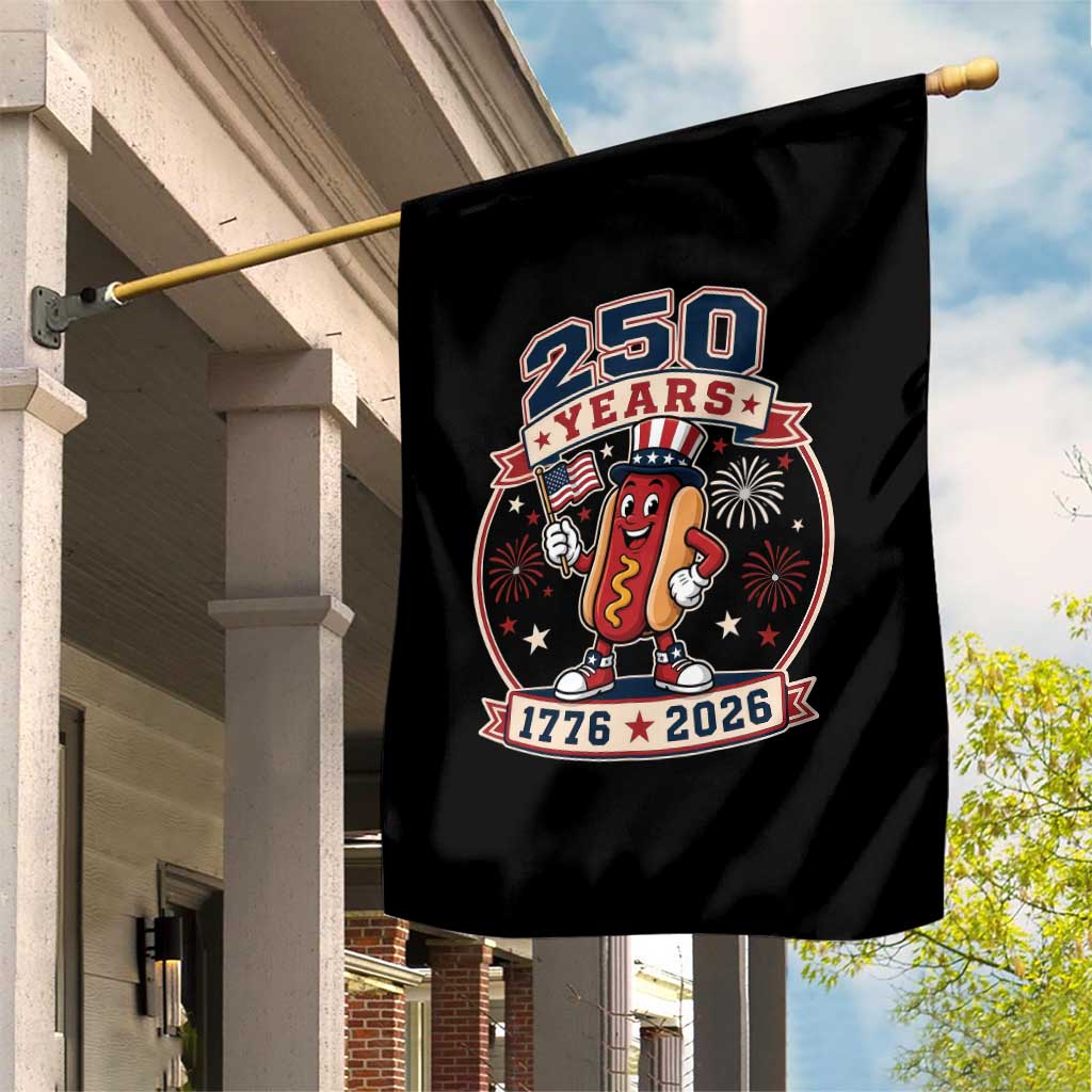 250 Years 1776 to 2026 Cartoon Hot Dog Garden Flag Funny Uncle Sam Top Hat Waving American Flag Semiquincentennial