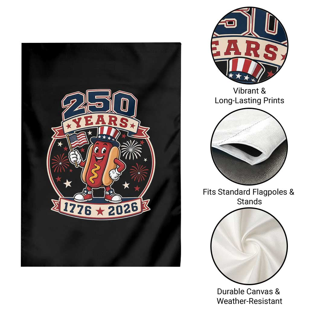 250 Years 1776 to 2026 Cartoon Hot Dog Garden Flag Funny Uncle Sam Top Hat Waving American Flag Semiquincentennial