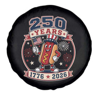 250 Years 1776 to 2026 Cartoon Hot Dog Spare Tire Cover Funny Uncle Sam Top Hat Waving American Flag Semiquincentennial