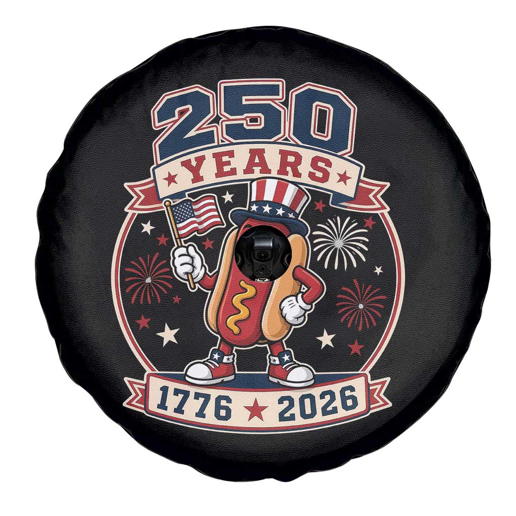 250 Years 1776 to 2026 Cartoon Hot Dog Spare Tire Cover Funny Uncle Sam Top Hat Waving American Flag Semiquincentennial