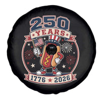 250 Years 1776 to 2026 Cartoon Hot Dog Spare Tire Cover Funny Uncle Sam Top Hat Waving American Flag Semiquincentennial