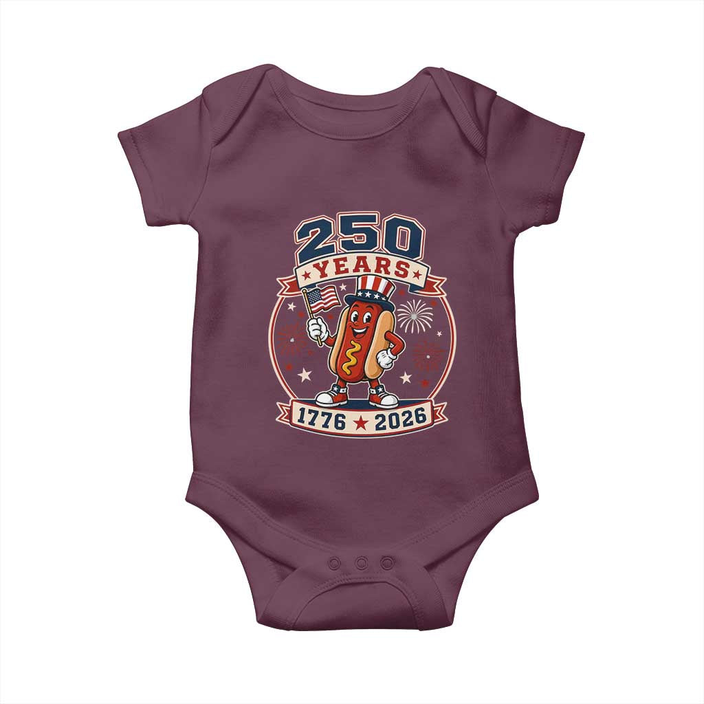 250 Years 1776 to 2026 Cartoon Hot Dog Baby Onesie Funny Uncle Sam Top Hat Waving American Flag Semiquincentennial