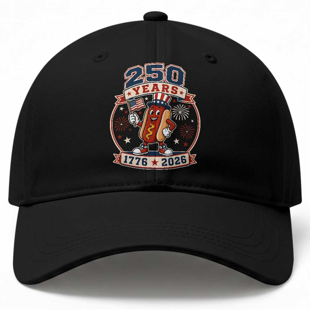 250 Years 1776 to 2026 Cartoon Hot Dog Baseball Cap Funny Uncle Sam Top Hat Waving American Flag Semiquincentennial