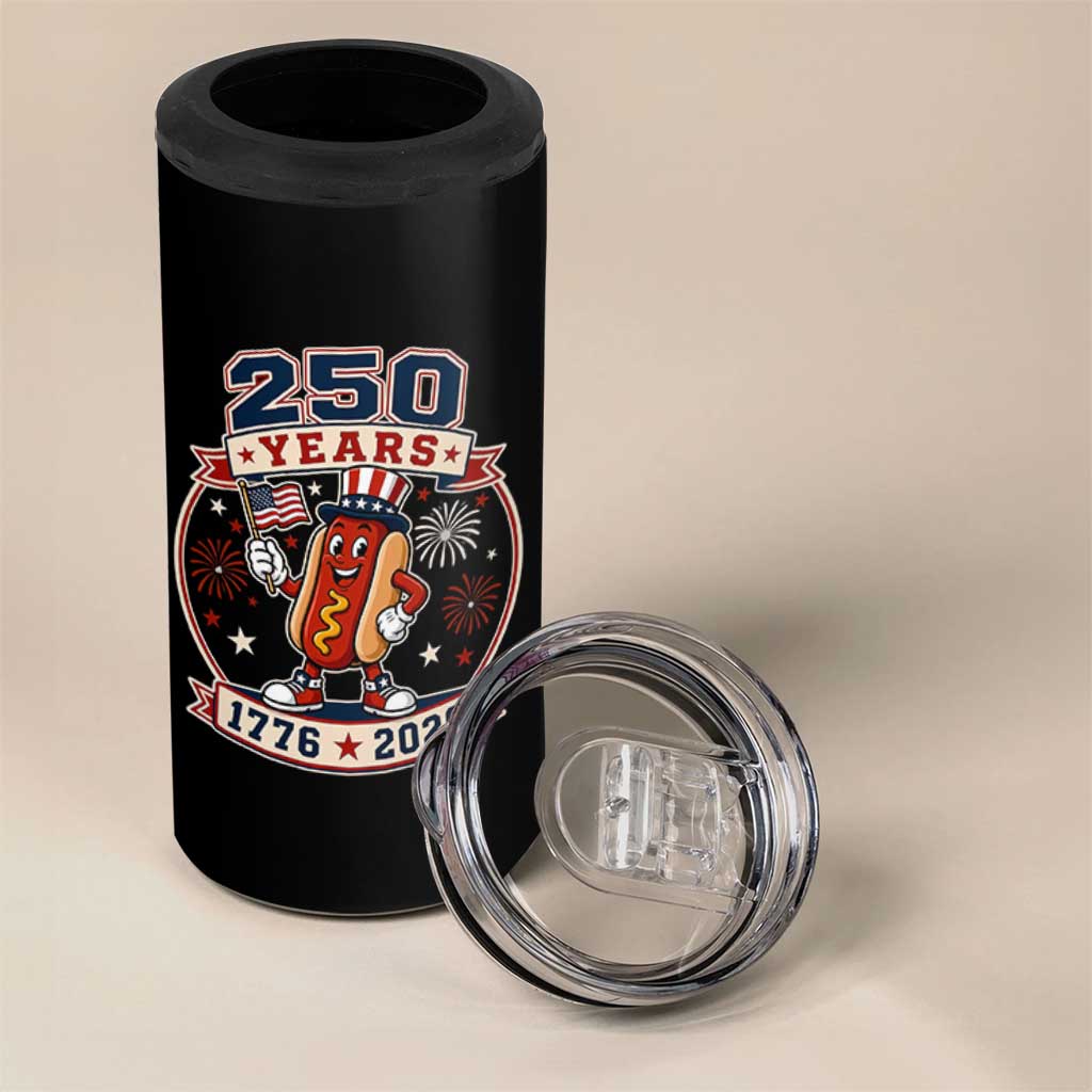 250 Years 1776 to 2026 Cartoon Hot Dog 4 in 1 Can Cooler Tumbler Funny Uncle Sam Top Hat Waving American Flag Semiquincentennial