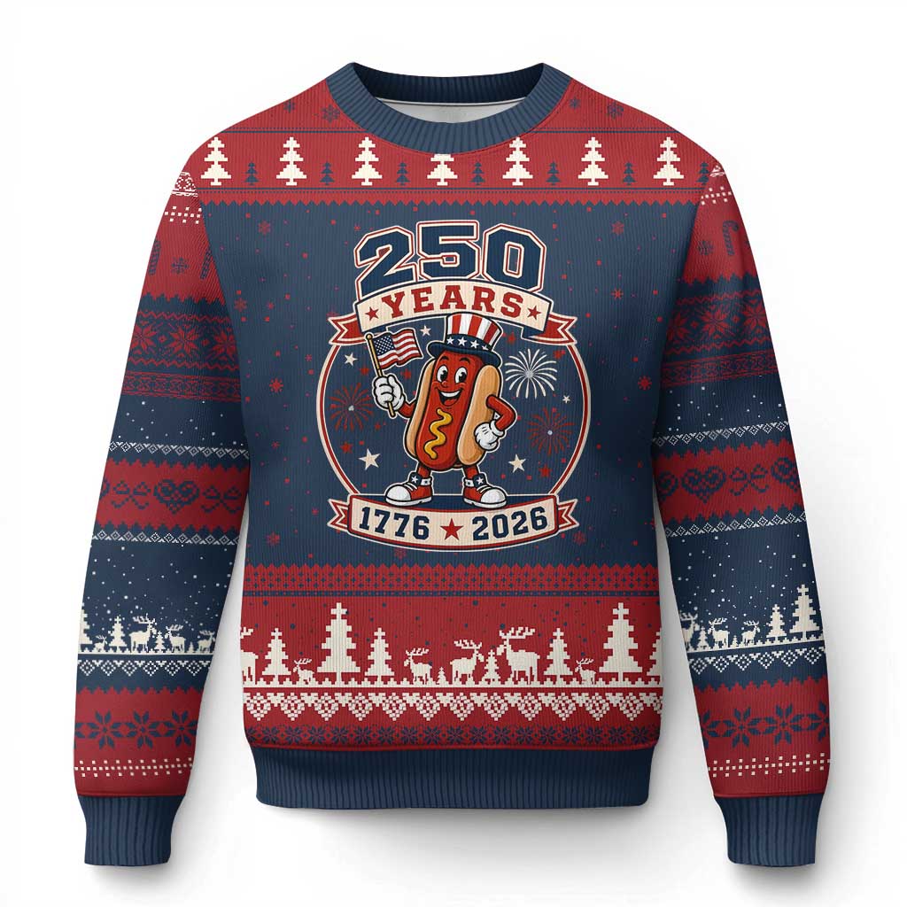 250 Years 1776 to 2026 Cartoon Hot Dog Ugly Christmas Sweater Funny Uncle Sam Top Hat Waving American Flag Semiquincentennial