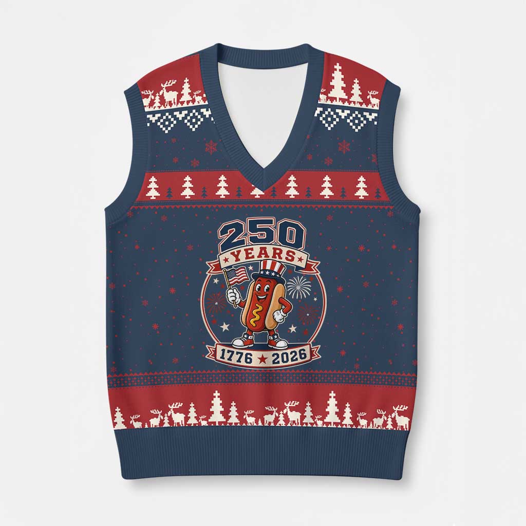 250 Years 1776 to 2026 Cartoon Hot Dog V-Neck Knit Sweater Vest Funny Uncle Sam Top Hat Waving American Flag Semiquincentennial
