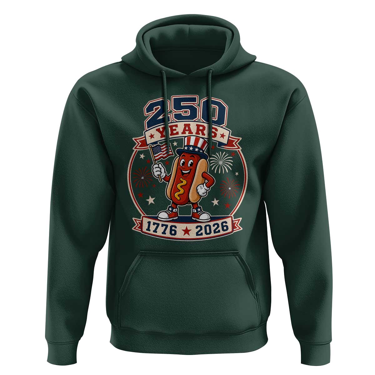 250 Years 1776 to 2026 Cartoon Hot Dog Hoodie Funny Uncle Sam Top Hat Waving American Flag Semiquincentennial