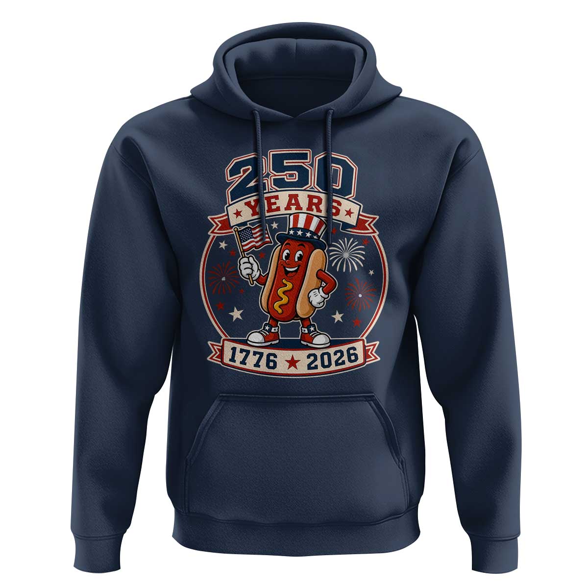 250 Years 1776 to 2026 Cartoon Hot Dog Hoodie Funny Uncle Sam Top Hat Waving American Flag Semiquincentennial