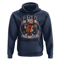 250 Years 1776 to 2026 Cartoon Hot Dog Hoodie Funny Uncle Sam Top Hat Waving American Flag Semiquincentennial