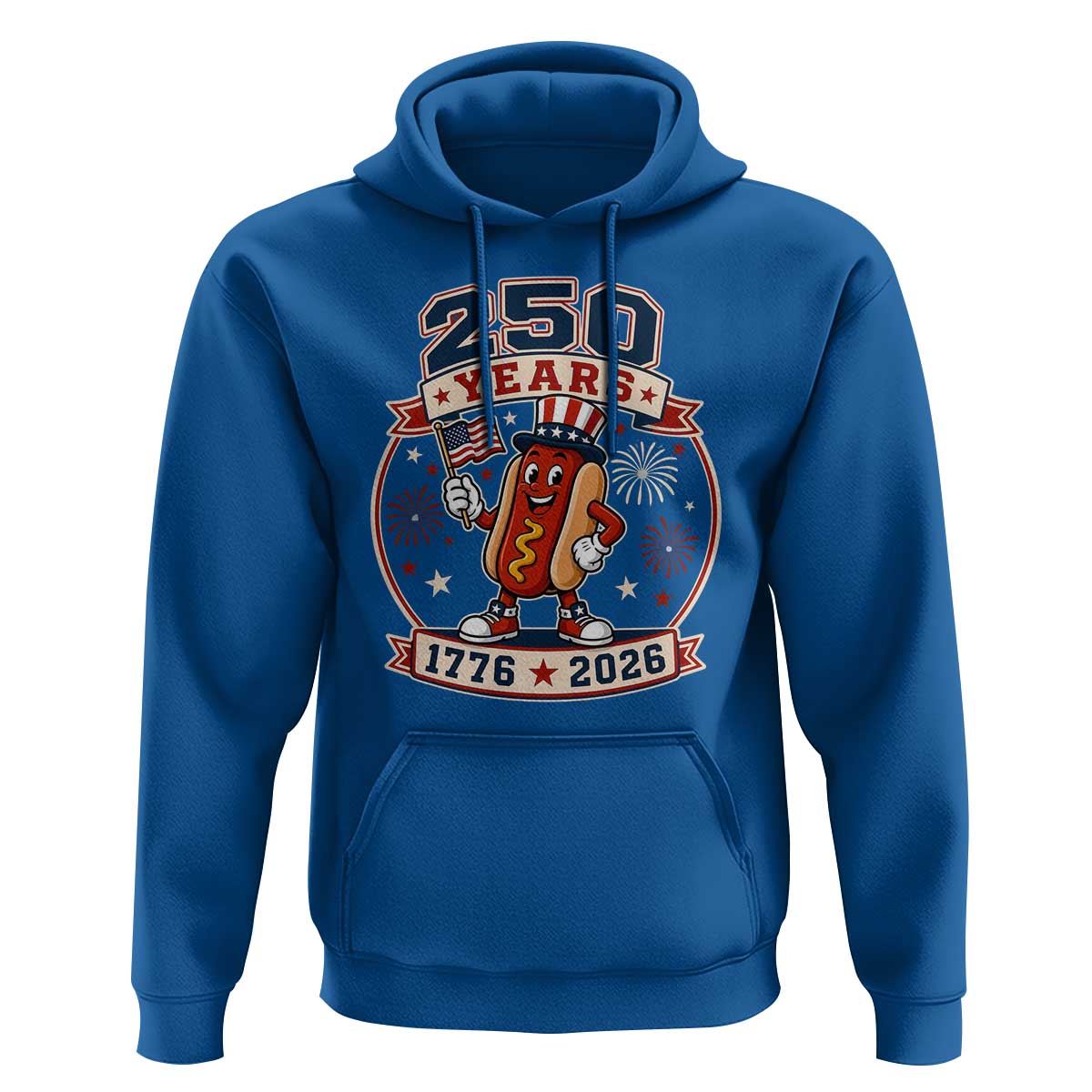250 Years 1776 to 2026 Cartoon Hot Dog Hoodie Funny Uncle Sam Top Hat Waving American Flag Semiquincentennial