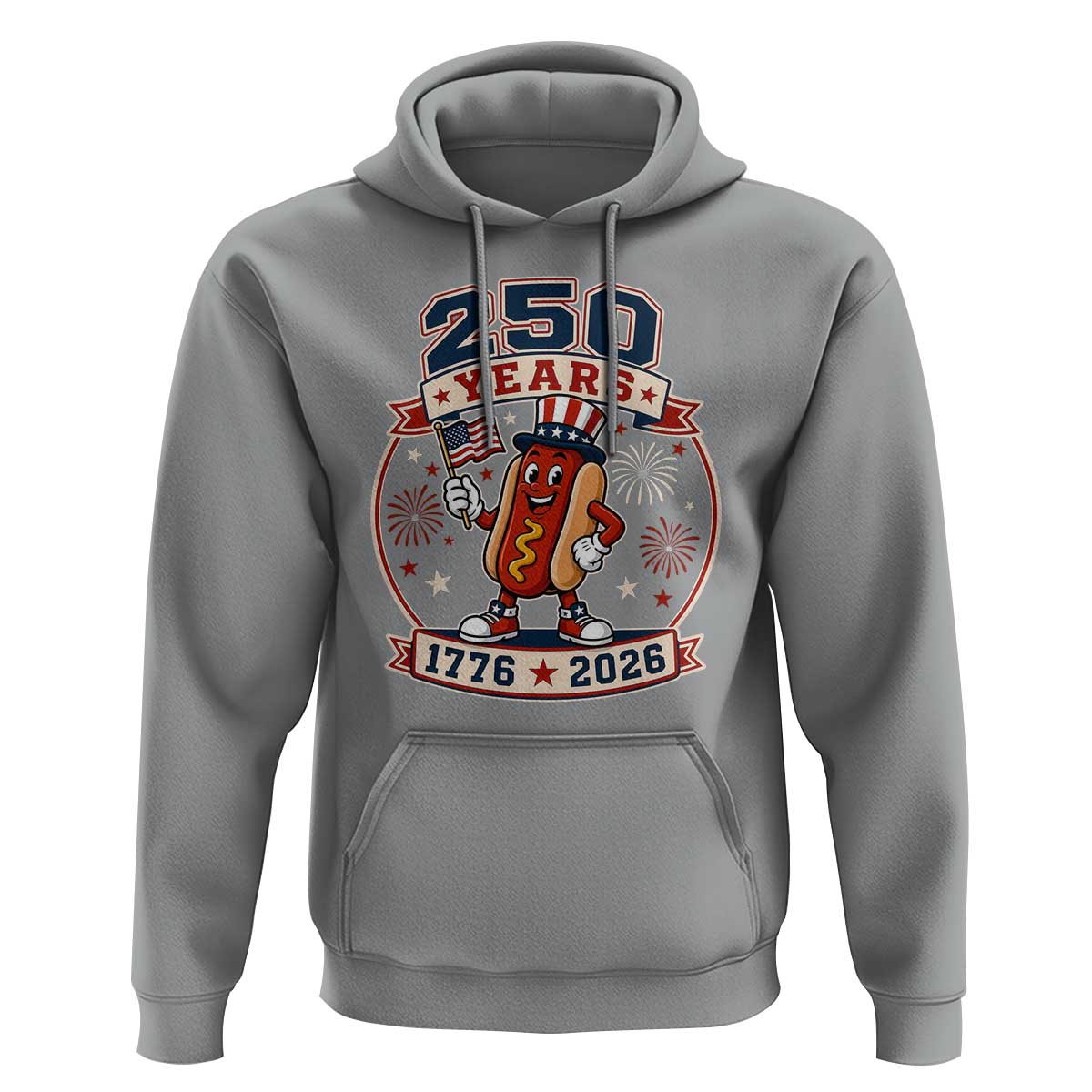 250 Years 1776 to 2026 Cartoon Hot Dog Hoodie Funny Uncle Sam Top Hat Waving American Flag Semiquincentennial