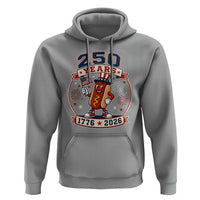 250 Years 1776 to 2026 Cartoon Hot Dog Hoodie Funny Uncle Sam Top Hat Waving American Flag Semiquincentennial