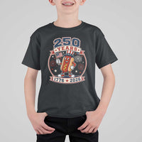 250 Years 1776 to 2026 Cartoon Hot Dog T Shirt For Kid Funny Uncle Sam Top Hat Waving American Flag Semiquincentennial