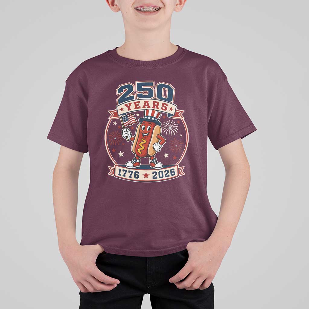 250 Years 1776 to 2026 Cartoon Hot Dog T Shirt For Kid Funny Uncle Sam Top Hat Waving American Flag Semiquincentennial
