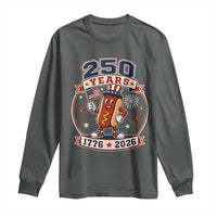 250 Years 1776 to 2026 Cartoon Hot Dog Long Sleeve Shirt Funny Uncle Sam Top Hat Waving American Flag Semiquincentennial