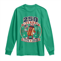 250 Years 1776 to 2026 Cartoon Hot Dog Long Sleeve Shirt Funny Uncle Sam Top Hat Waving American Flag Semiquincentennial
