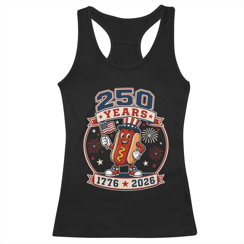 250 Years 1776 to 2026 Cartoon Hot Dog Racerback Tank Top Funny Uncle Sam Top Hat Waving American Flag Semiquincentennial
