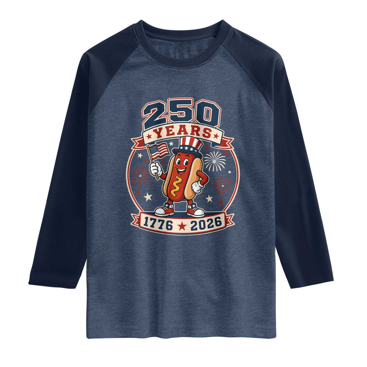 250 Years 1776 to 2026 Cartoon Hot Dog Raglan Shirt Funny Uncle Sam Top Hat Waving American Flag Semiquincentennial
