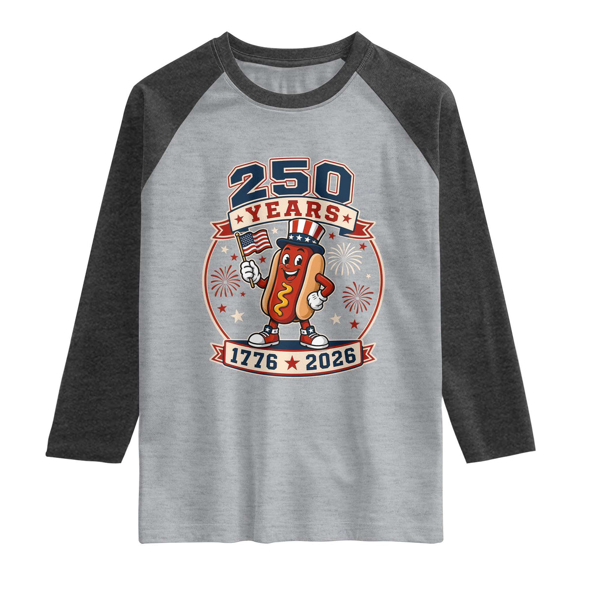 250 Years 1776 to 2026 Cartoon Hot Dog Raglan Shirt Funny Uncle Sam Top Hat Waving American Flag Semiquincentennial