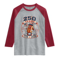 250 Years 1776 to 2026 Cartoon Hot Dog Raglan Shirt Funny Uncle Sam Top Hat Waving American Flag Semiquincentennial